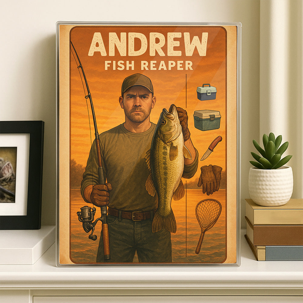 Fish reaper sunset lake acrylic plaque custom name and face for fisherman