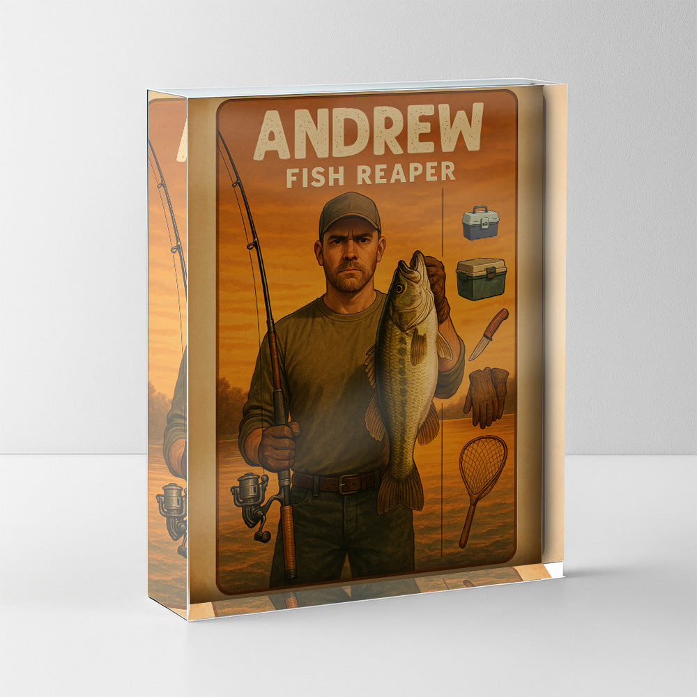 Fish reaper sunset lake acrylic plaque custom name and face for fisherman