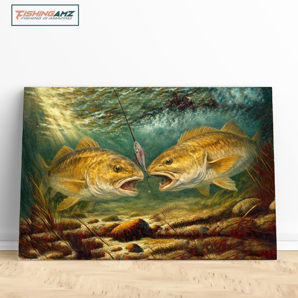 Battle Underwater: Redfish Red Drum Fish Art Canvas Painting Matte Canvas