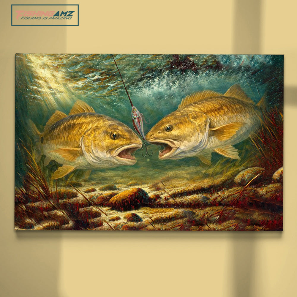 Battle Underwater: Redfish Red Drum Fish Art Canvas Painting Matte Canvas