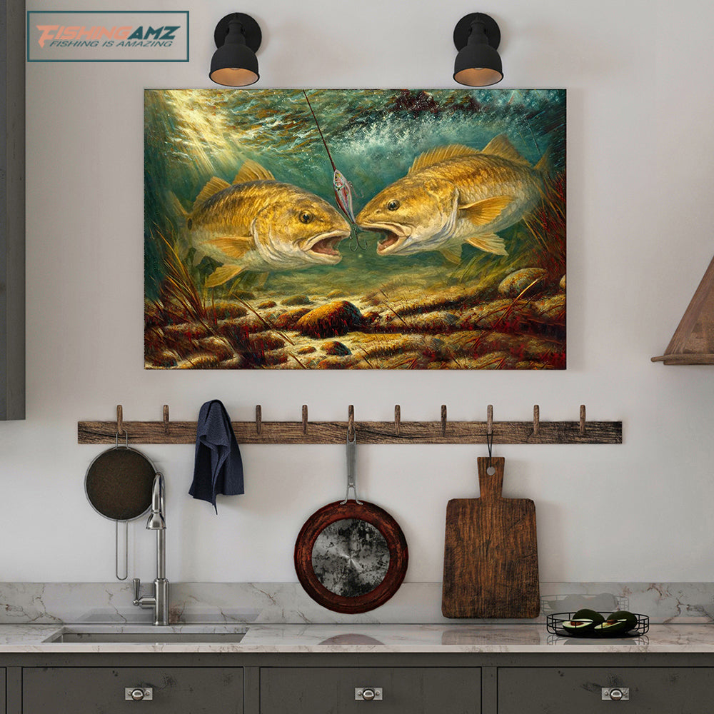 Battle Underwater: Redfish Red Drum Fish Art Canvas Painting Matte Canvas