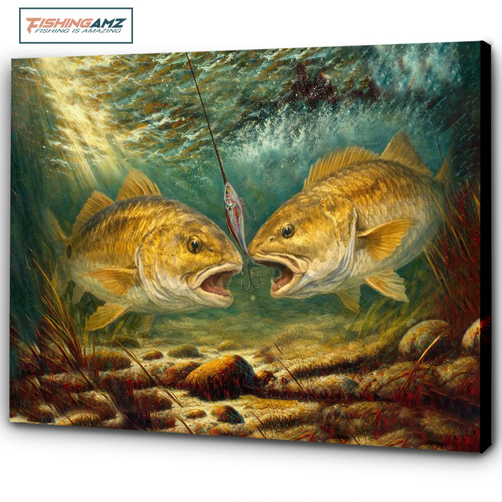 Battle Underwater: Redfish Red Drum Fish Art Canvas Painting Matte Canvas