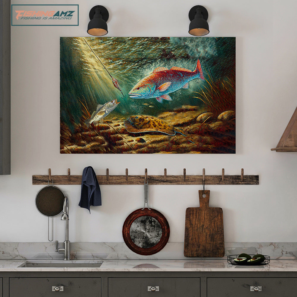 Battle Underwater: Texas Slam Fish Art Canvas Painting Matte Canvas