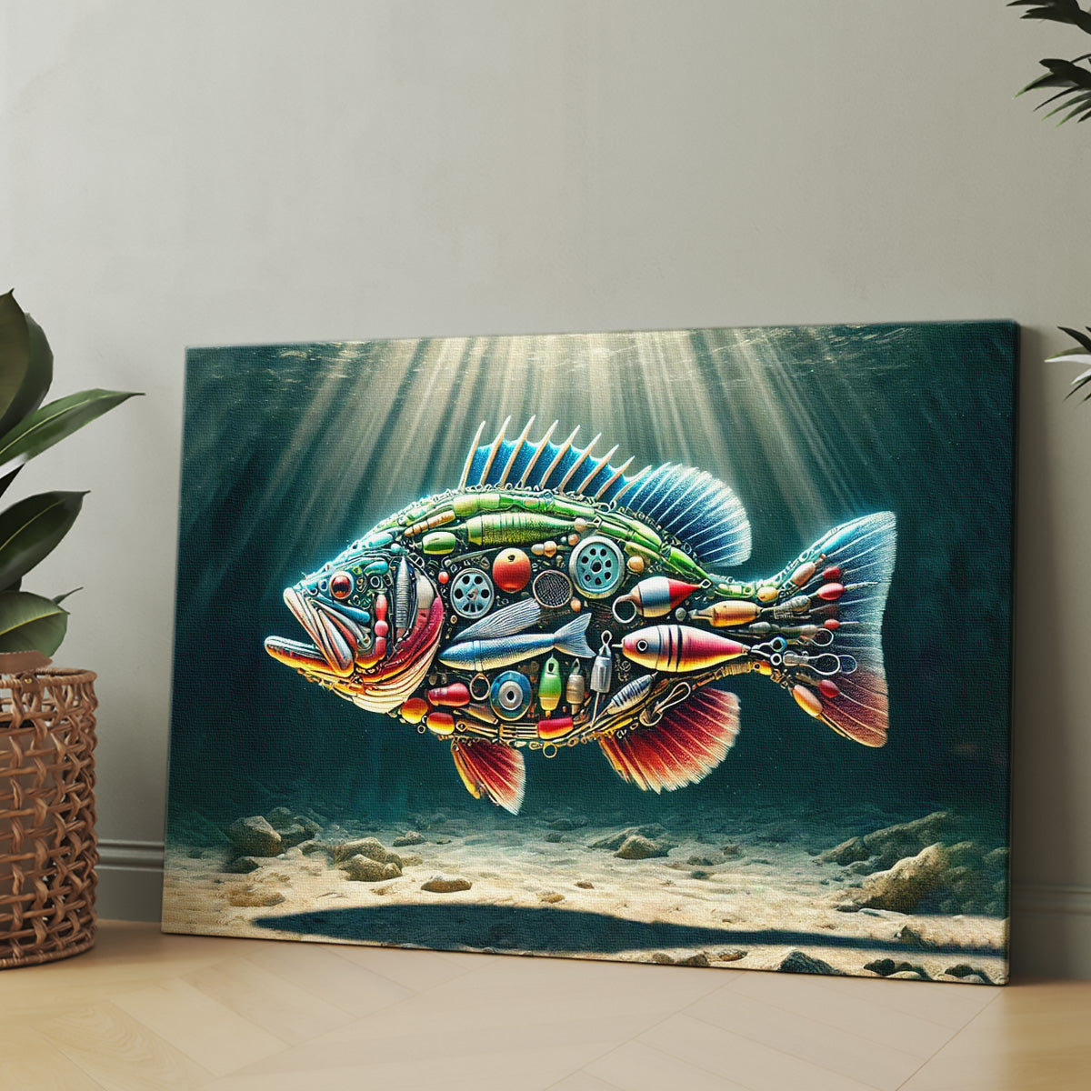 Fishing Enthusiast Canvas Art – Fish Made of Fishing Gear Design