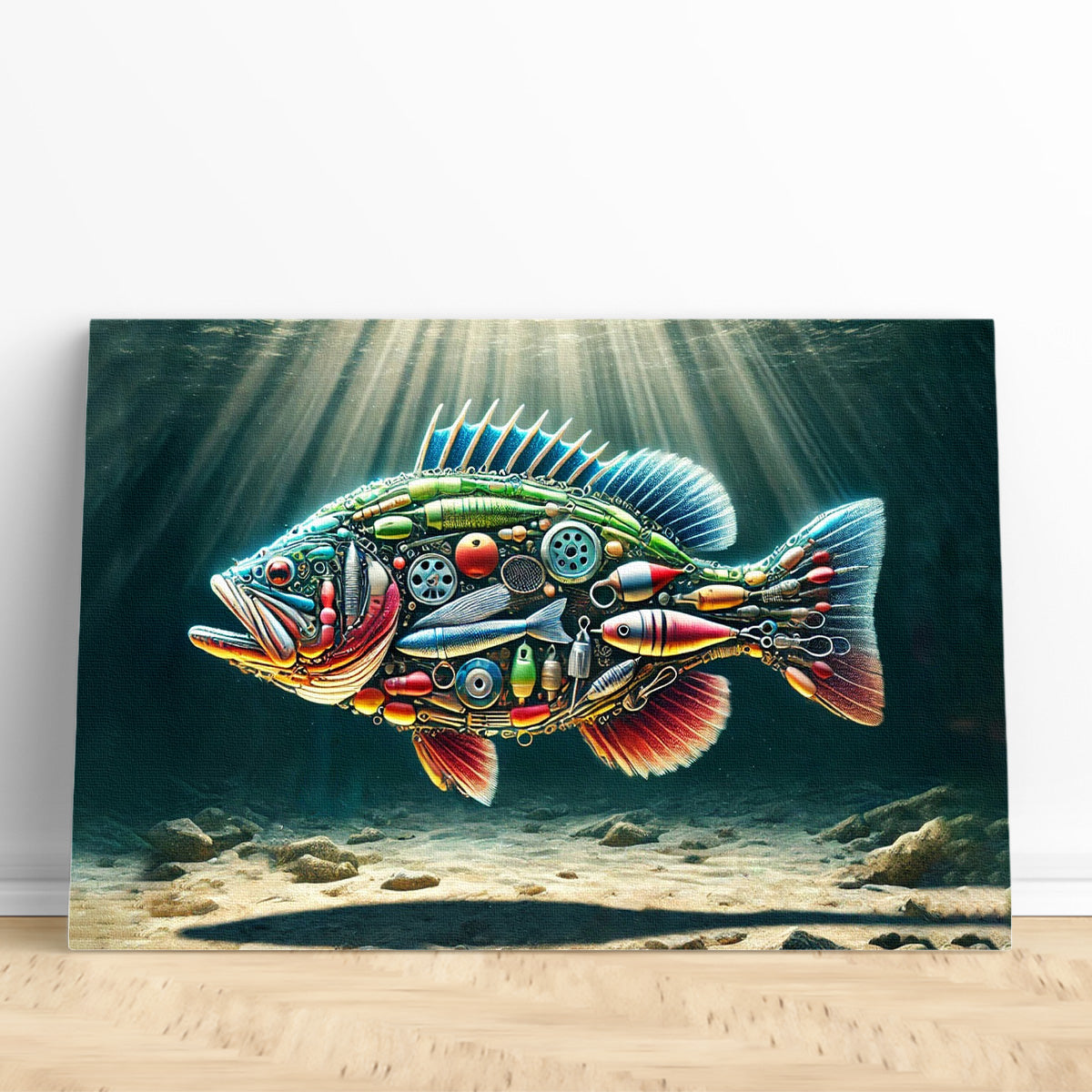 Fishing Enthusiast Canvas Art – Fish Made of Fishing Gear Design