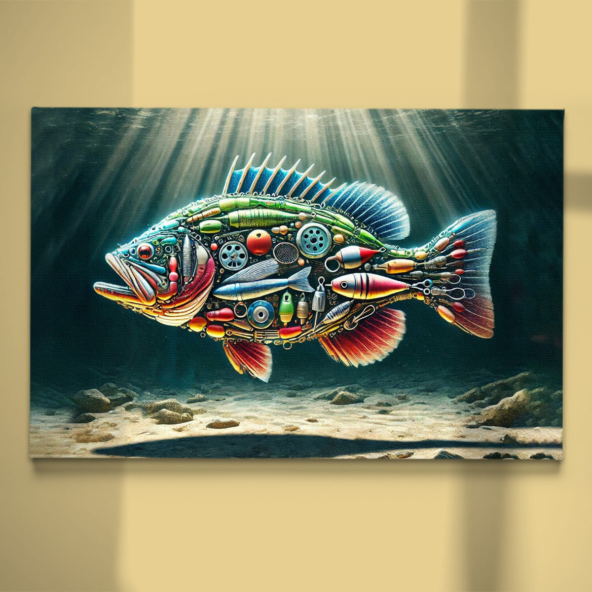 Fishing Enthusiast Canvas Art – Fish Made of Fishing Gear Design