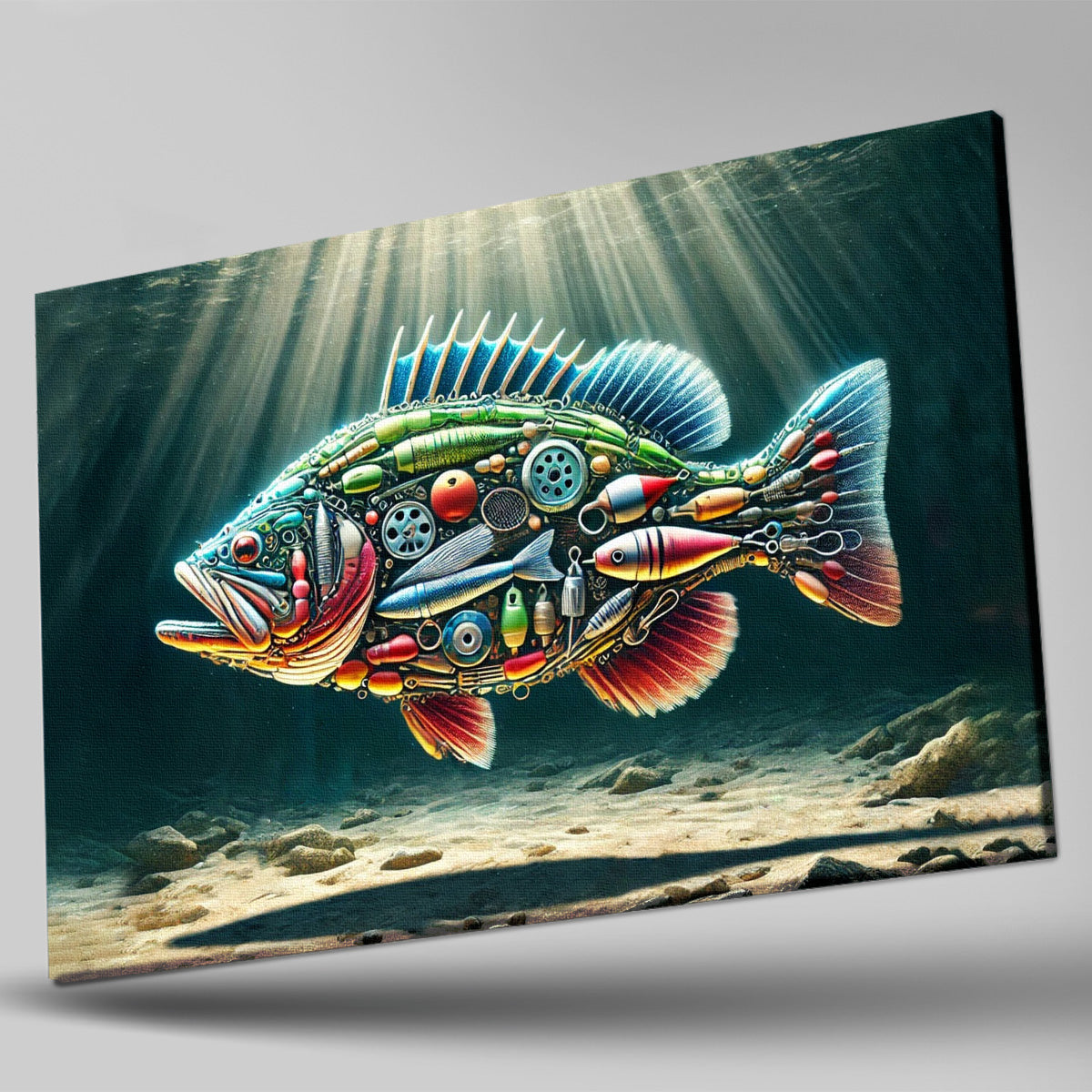 Fishing Enthusiast Canvas Art – Fish Made of Fishing Gear Design