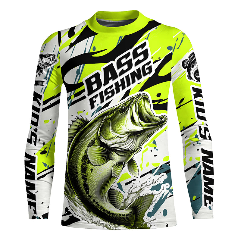 Personalized Largemouth Bass Fishing Jerseys, Bass Fishing Camo Long Sleeve Fishing Shirts | Green IPHW6031