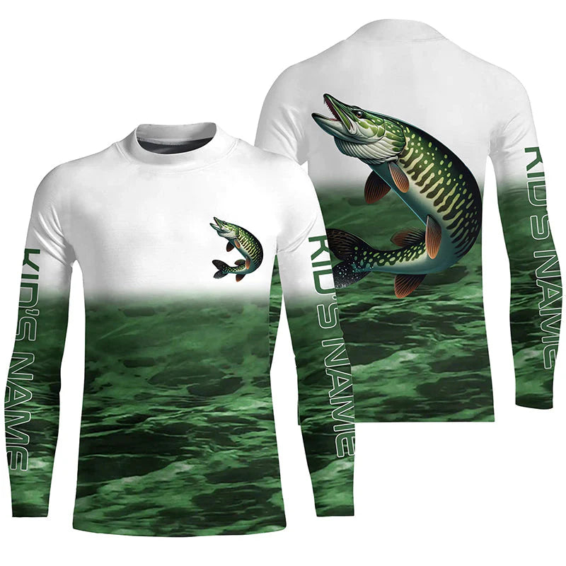 Musky Fishing Custom Kid Long Sleeve Tournament Shirts, Performance Muskie Fishing Jerseys | Green IPHW6301