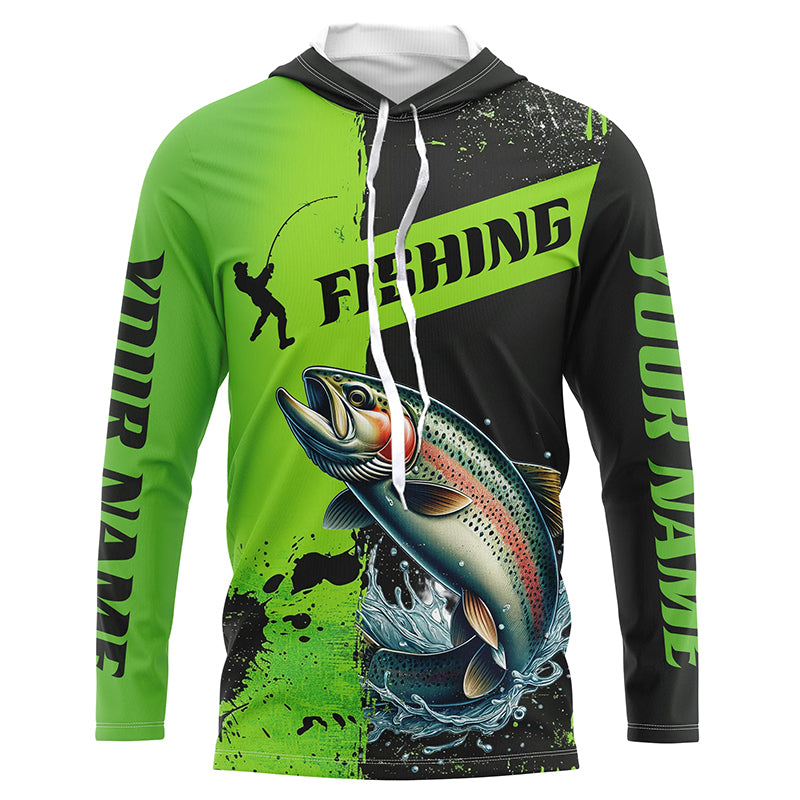 Custom Rainbow Trout Fishing Long Sleeve Tournament Shirts, Trout Fishing Jerseys | Black And Green IPHW6334