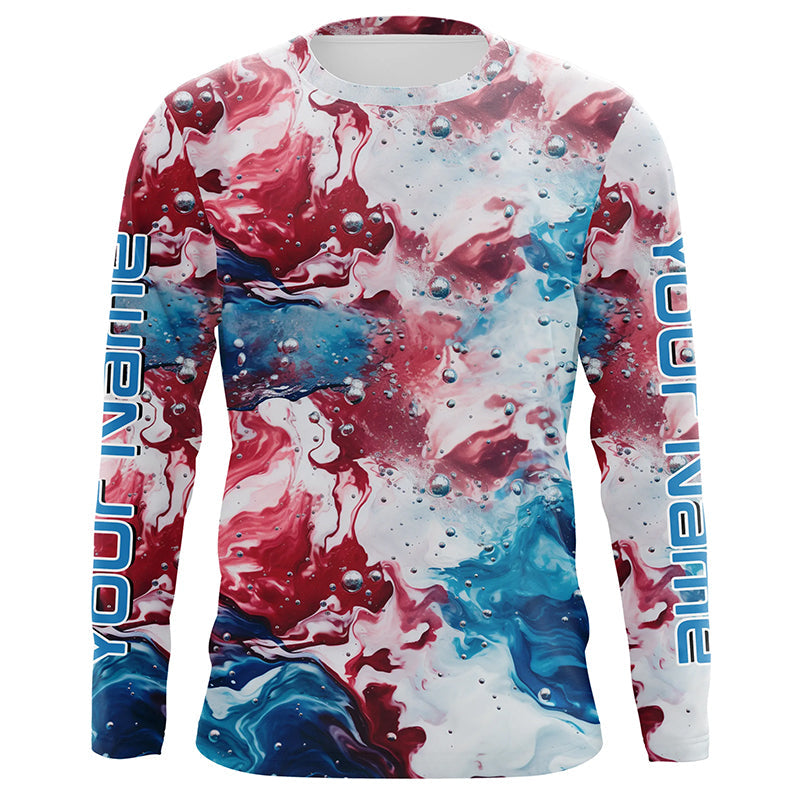 Red, White, Blue Tie Dye Camo Custom Long Sleeve Fishing Shirts, Patriotic Fishing Jerseys IPHW5205