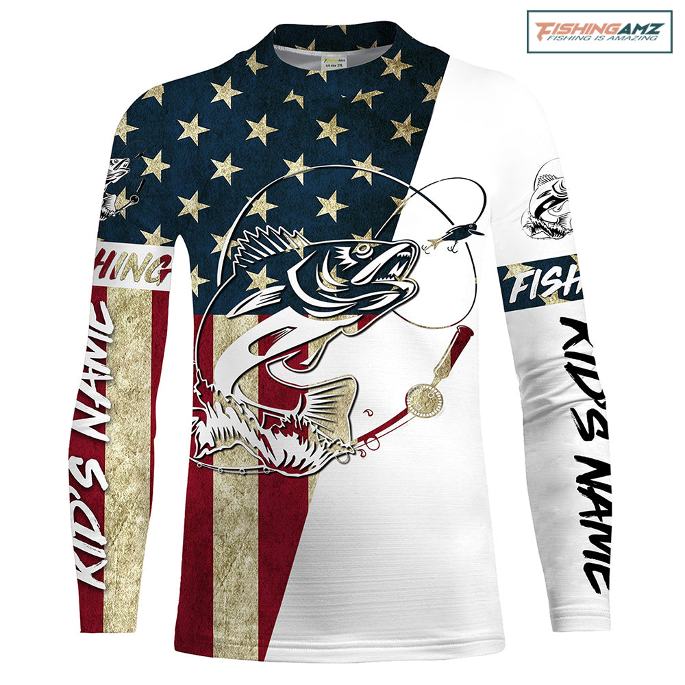 Walleye Fishing American Flag Custom Kid Long Sleeve Fishing Shirts, Personalized Patriotic Fishing Gifts UV clothing - IPHW1109