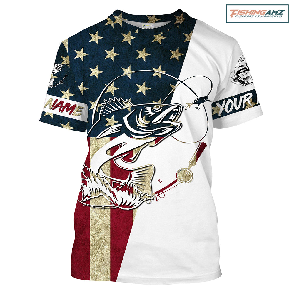 Walleye Fishing American Flag Custom Fishing T-Shirts, Personalized Patriotic Fishing Gifts UV clothing - IPHW1109