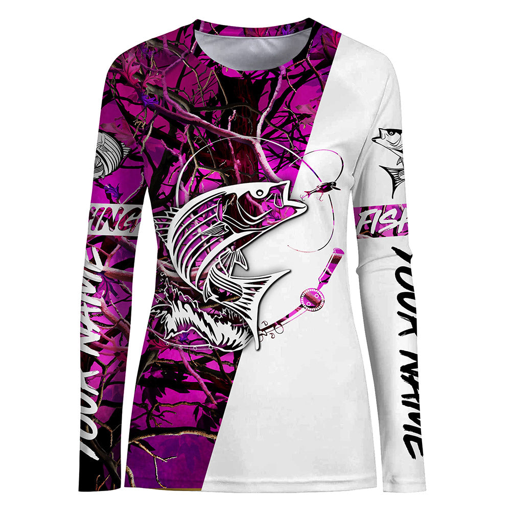 Custom Striped Bass Long Sleeve Shirts, Striper Bass Fishing Jerseys For Women | Pink Camo IPHW3954