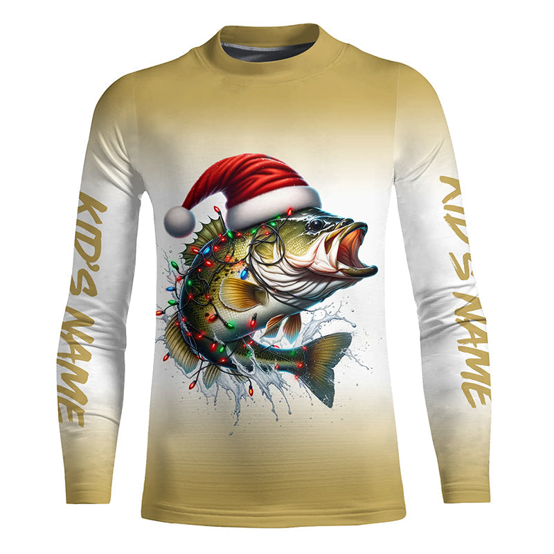 Christmas Lights String Bass Christmas Fishing Shirts With Customized Name, Xmas Fishing Gifts IPHW5584