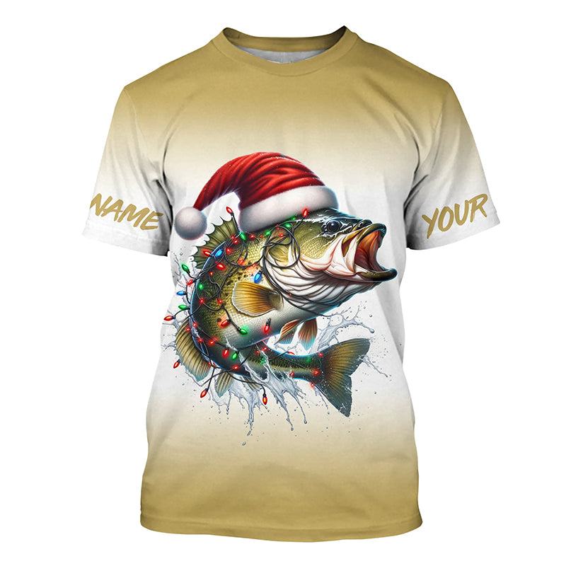 Christmas Lights String Bass Christmas Fishing Shirts With Customized Name, Xmas Fishing Gifts IPHW5584