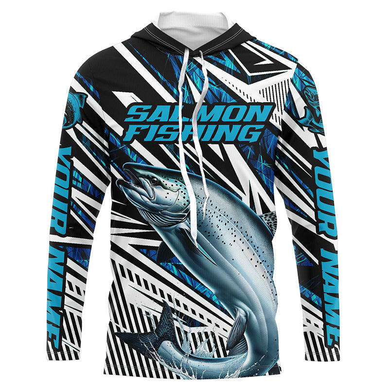 Salmon Fishing Custom Long Sleeve Performance Fishing Shirts, Blue Camo Salmon Fishing Jerseys IPHW6087