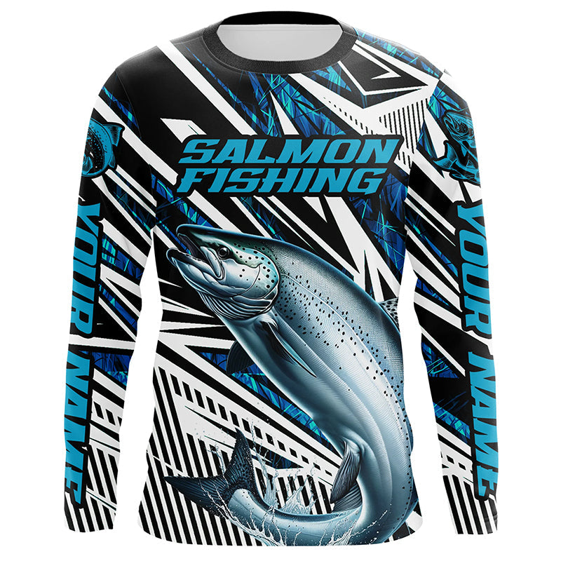 Salmon Fishing Custom Long Sleeve Performance Fishing Shirts, Blue Camo Salmon Fishing Jerseys IPHW6087