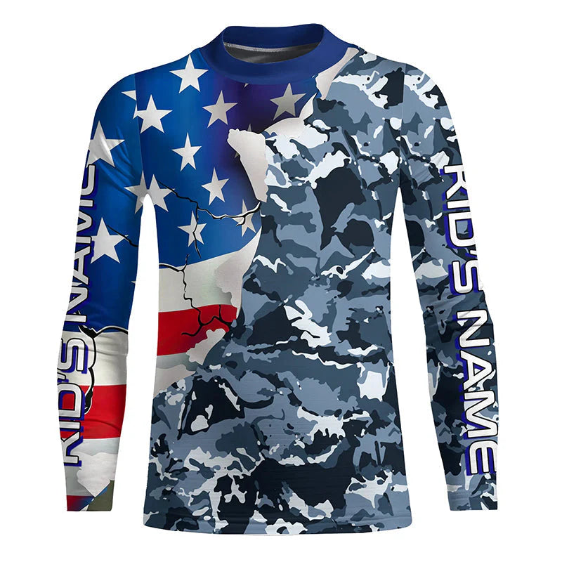 Youth Custom American Flag Camo Uv Protection Kid Long Sleeve Shirts, Patriotic Performance Fishing Shirts IPHW6102