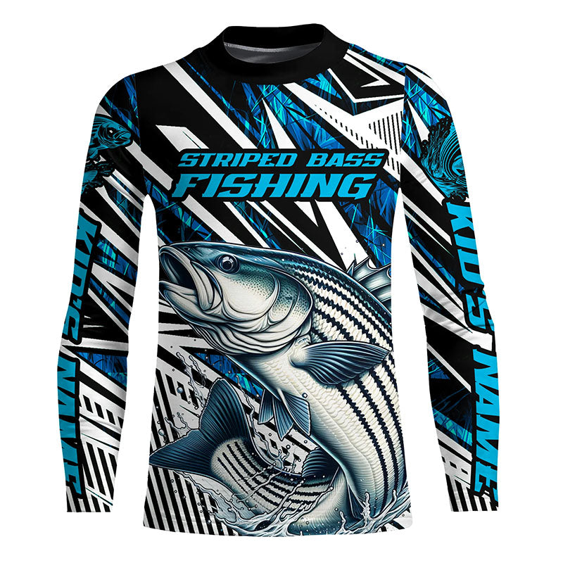 Custom Striped Bass Long Sleeve Tournament Fishing Shirts, Striper Fishing Jerseys | Blue Camo IPHW6124