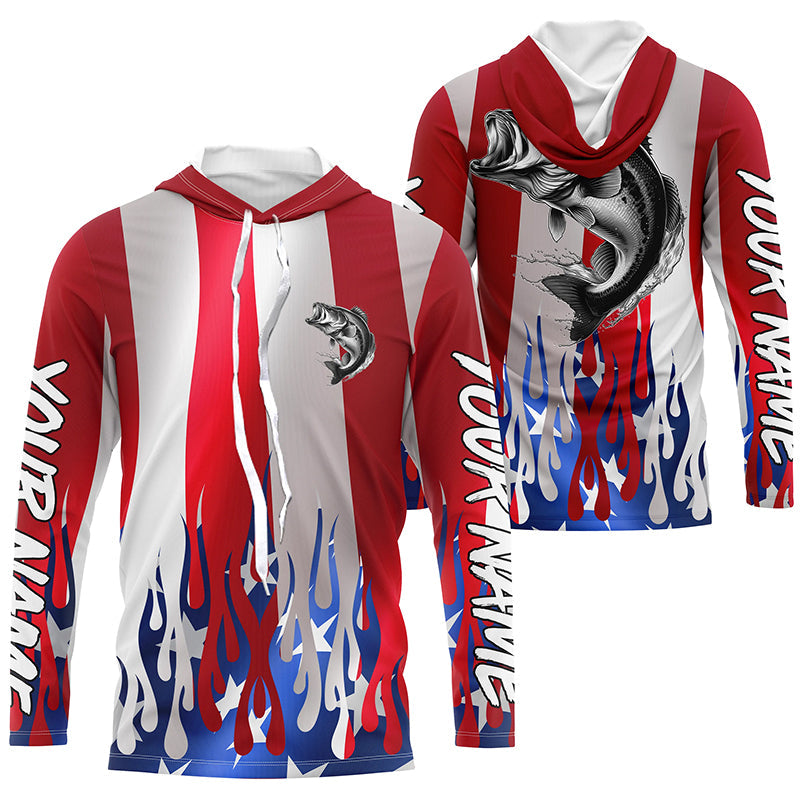 Custom 3D Flame American Flag Bass Long Sleeve Fishing Shirts, Patriotic Bass Fishing Jerseys IPHW6144