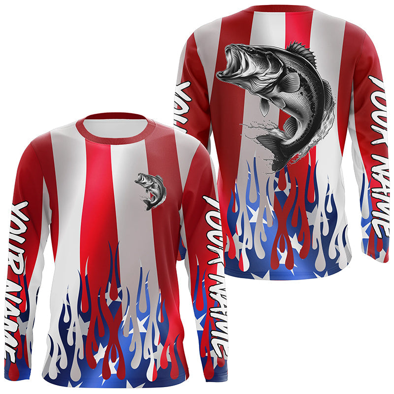 Custom 3D Flame American Flag Bass Long Sleeve Fishing Shirts, Patriotic Bass Fishing Jerseys IPHW6144