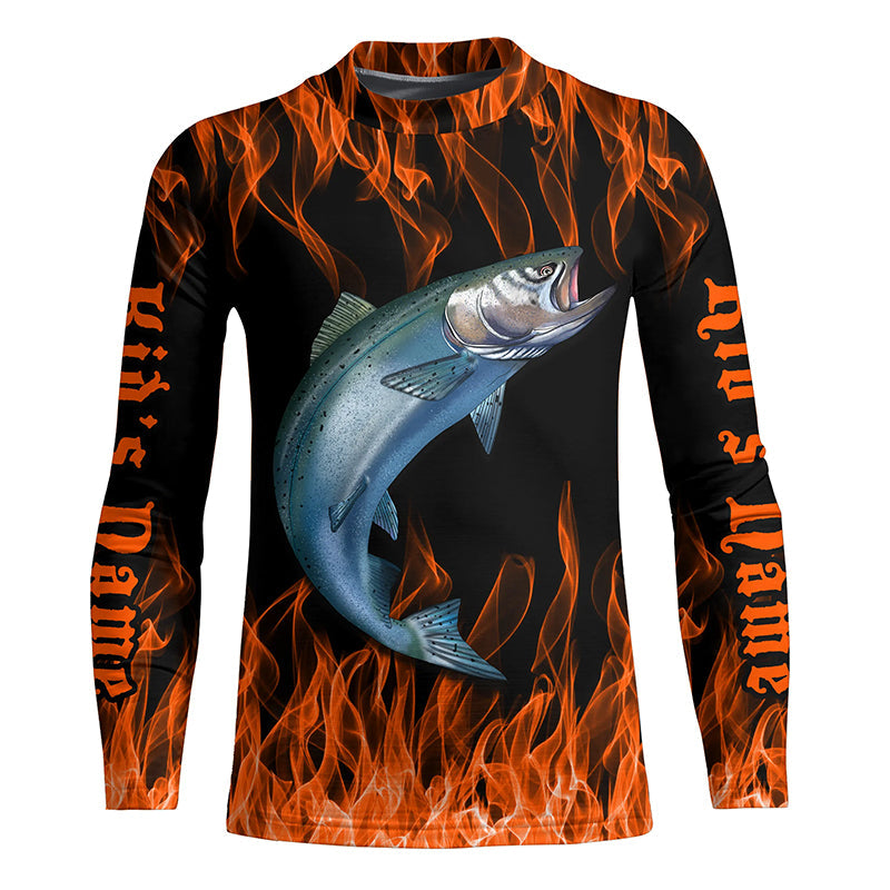 King Salmon Custom Saltwater Fishing Shirts, Salmon Long Sleeve Flame Fishing Jerseys | Orange IPHW5031