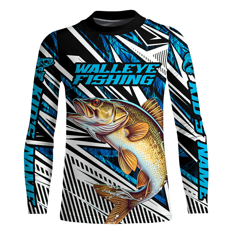 Custom Walleye Fishing Camo Long Sleeve Tournament Fishing Shirts, Walleye Fishing Jerseys | Blue IPHW5962