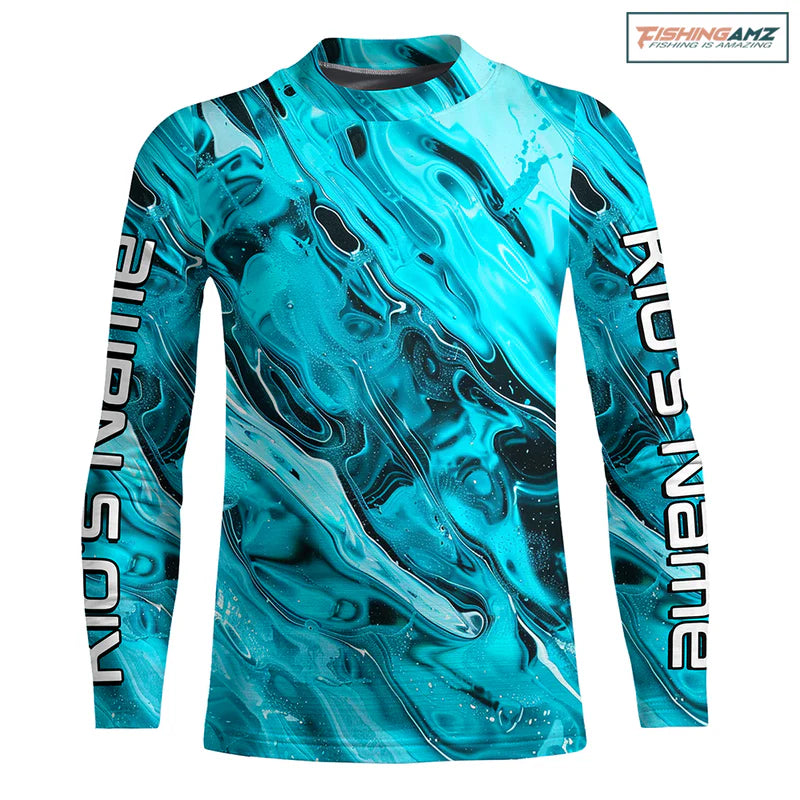 Kid Blue Water Ripple Camo Custom Long Sleeve Performance Fishing Shirts, Uv Protection Fishing Jerseys IPHW5969