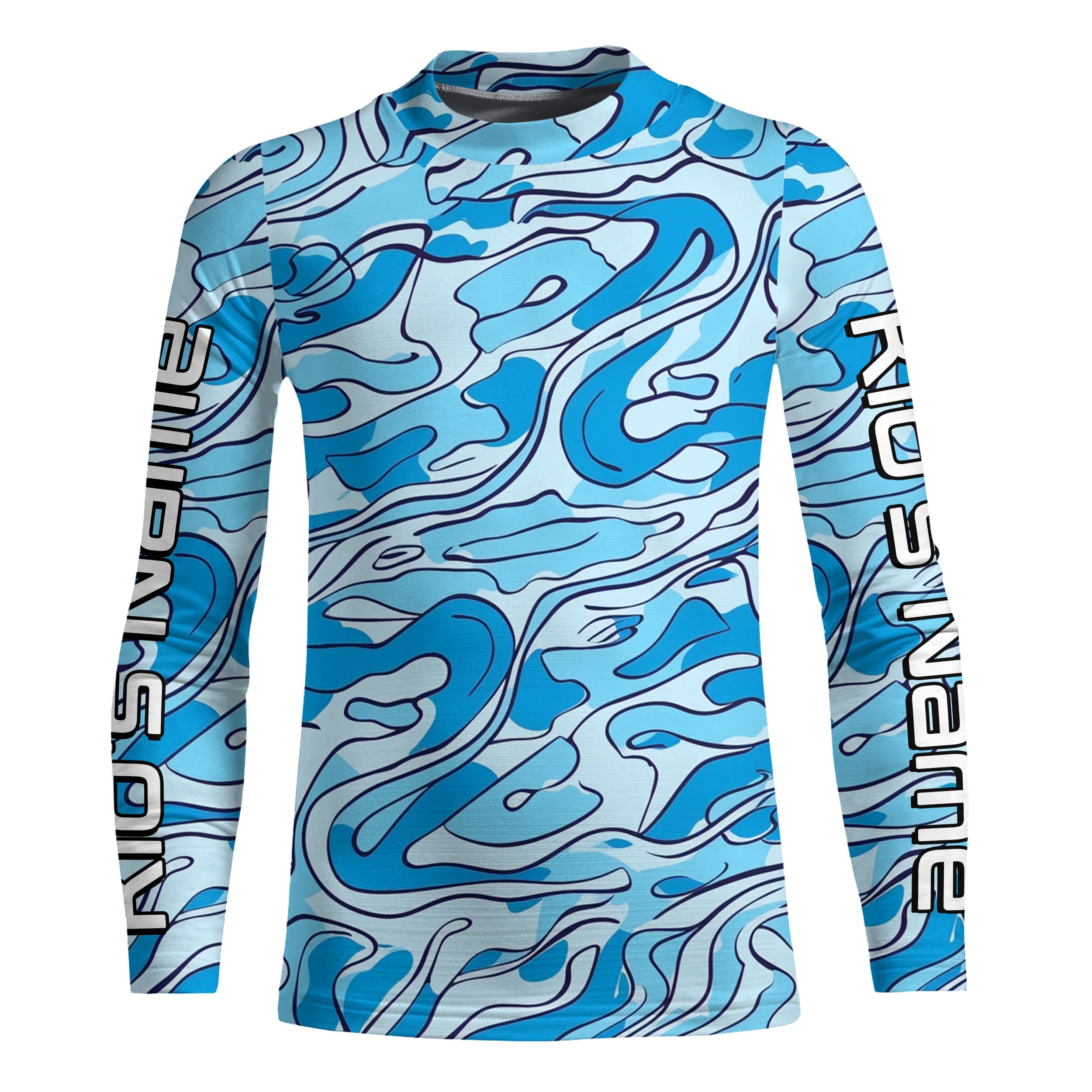 Turquoise Blue Camo Custom Long Sleeve Performance Fishing Shirts, Blue Camouflage Fishing Jerseys IPHW5972