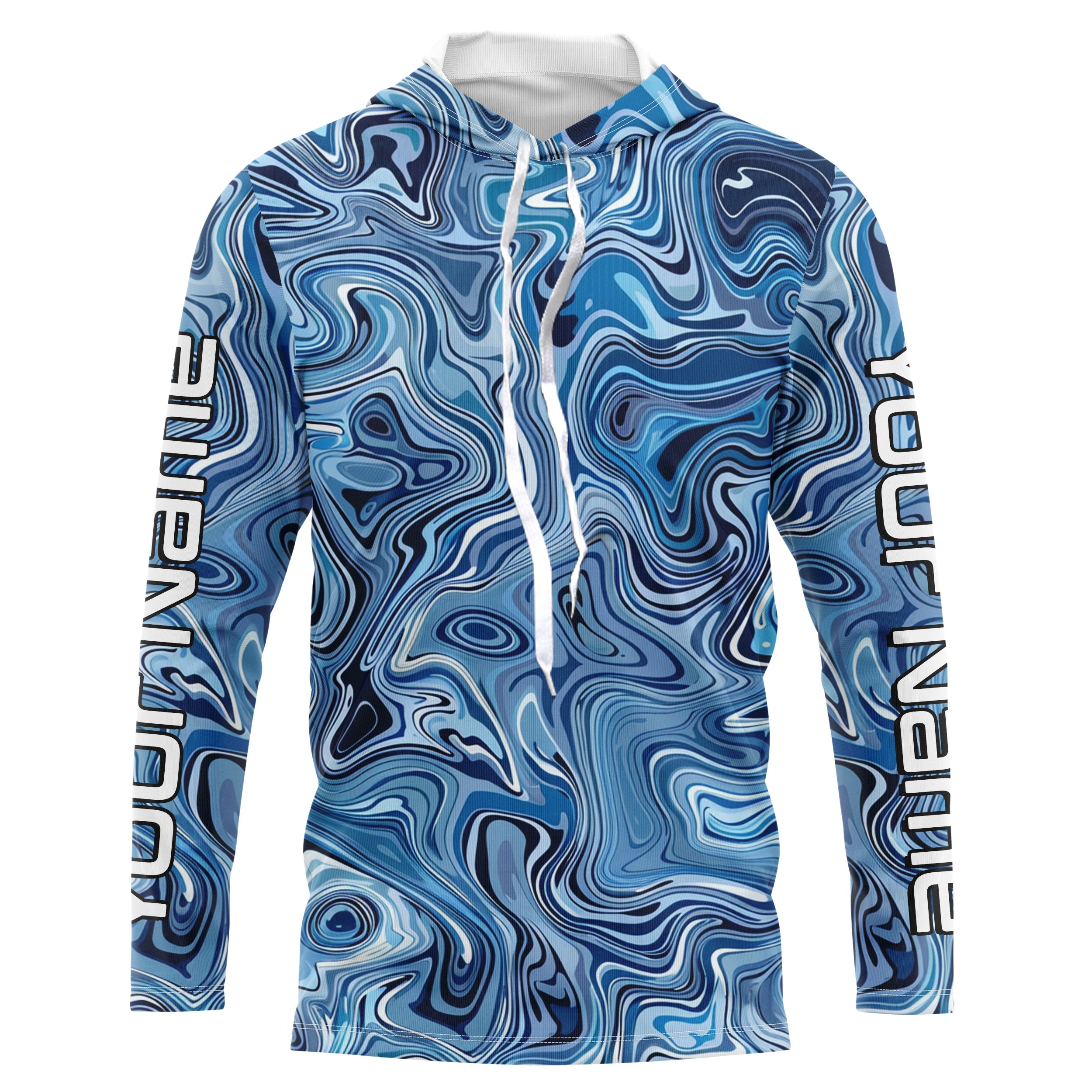 Turquoise Blue Camo Custom Long Sleeve Performance Fishing Shirts, Blue Camouflage Fishing Jerseys IPHW5974