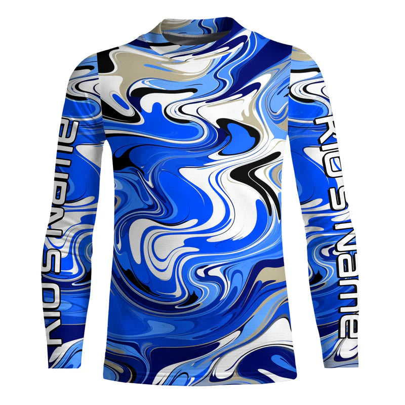 Youth Blue Water Camo Custom Long Sleeve Performance Fishing Shirts, Sun Protection Fishing Jerseys IPHW5977