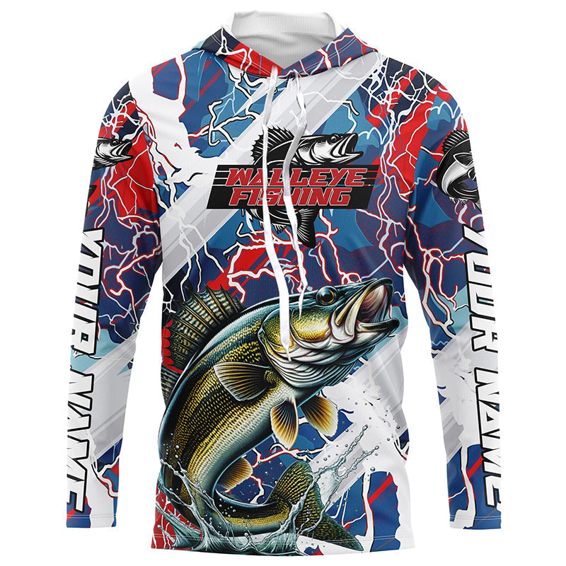 Red, White And Blue Lightning Camo Custom Walleye Long Sleeve Tournament Fishing Shirts IPHW6028