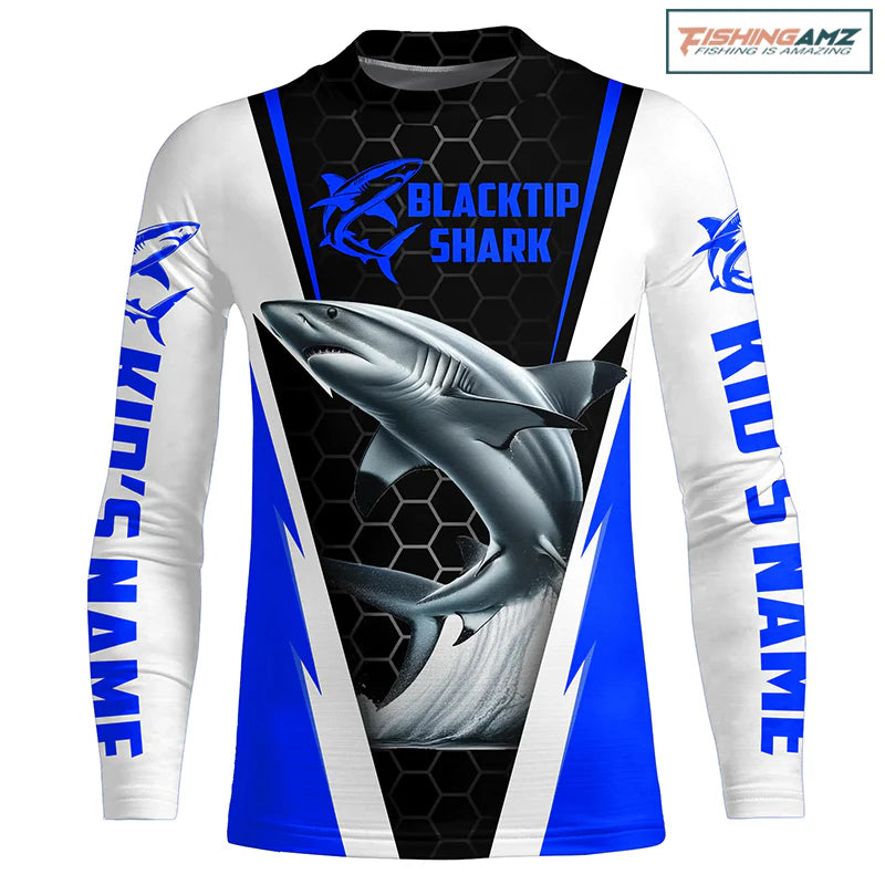 Kid Blacktip Shark Fishing Custom Kid Long Sleeve Performance Shirts, Shark Fishing Apparel | Blue IPHW6305