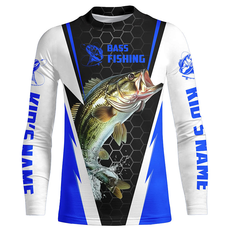 Personalized Bass Fishing Jerseys, Bass Fishing Long Sleeve Fishing Tournament Shirts | Blue IPHW5726