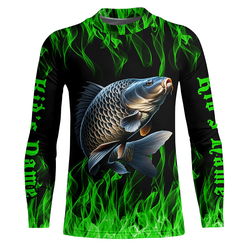 Green Flame Custom Carp Long Sleeve Tournament Fishing Shirts, Carp Uv Protection Fishing Shirt IPHW7364