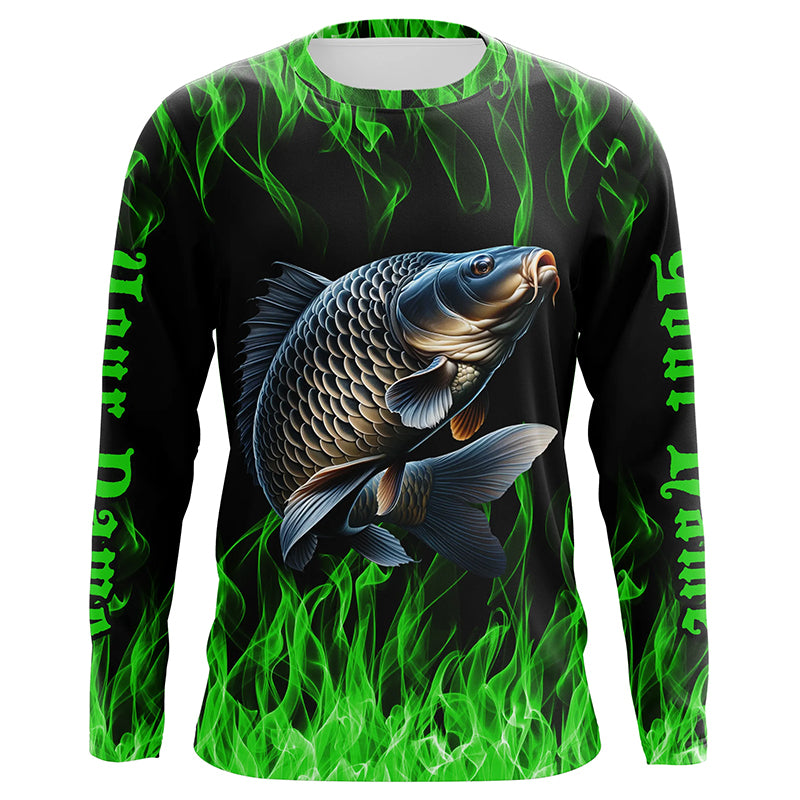 Green Flame Custom Carp Long Sleeve Tournament Fishing Shirts, Carp Uv Protection Fishing Shirt IPHW7364