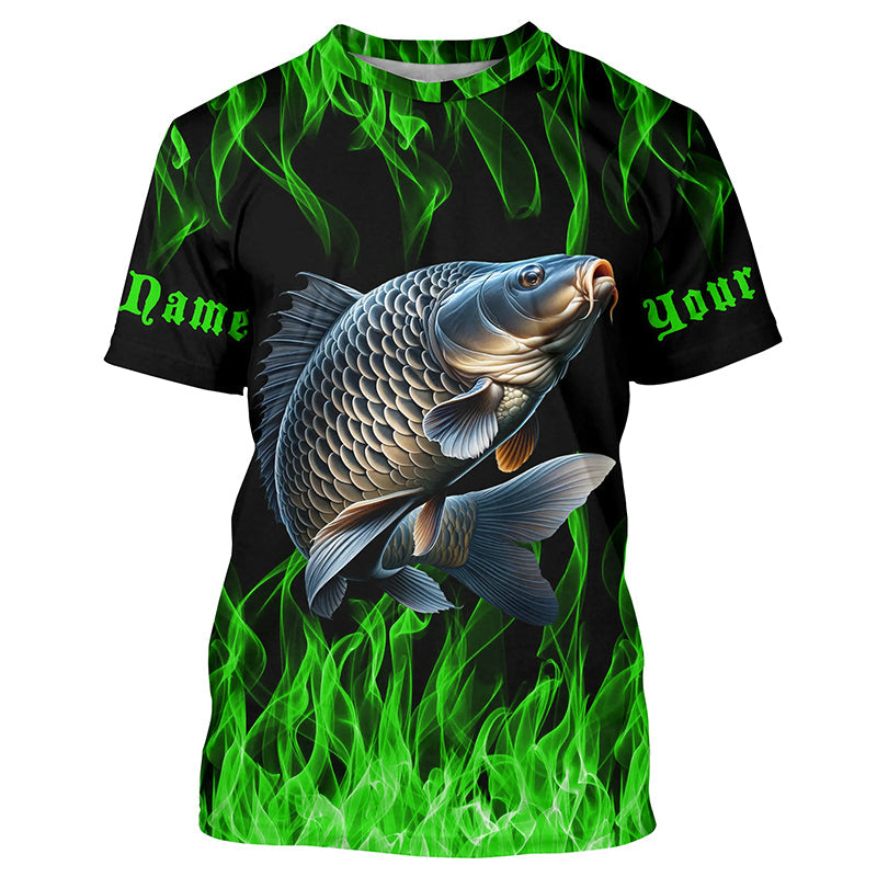 Green Flame Custom Carp Long Sleeve Tournament Fishing Shirts, Carp Uv Protection Fishing Shirt IPHW7364