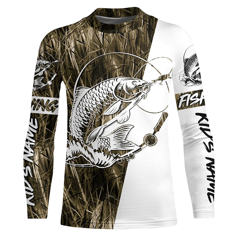 Personalized Carp Fishing Tattoo Grass Camo Long Sleeve Fishing Shirt, Carp Tournament Fishing Shirt IPHW7365