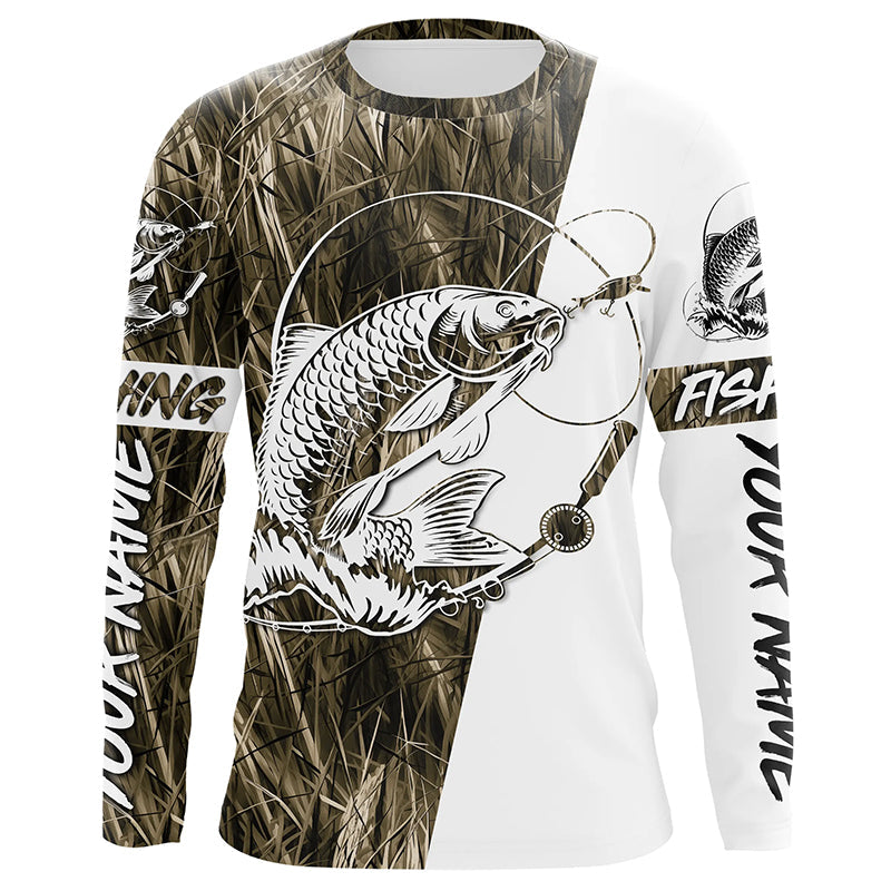 Personalized Carp Fishing Tattoo Grass Camo Long Sleeve Fishing Shirt, Carp Tournament Fishing Shirt IPHW7365