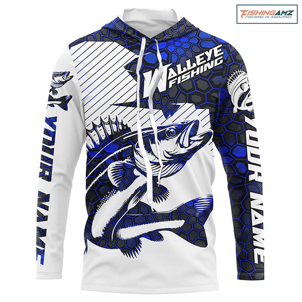 Custom Walleye Fishing Jerseys, Walleye Fishing Long Sleeve Fishing Tournament Shirts | Blue Camo IPHW5731