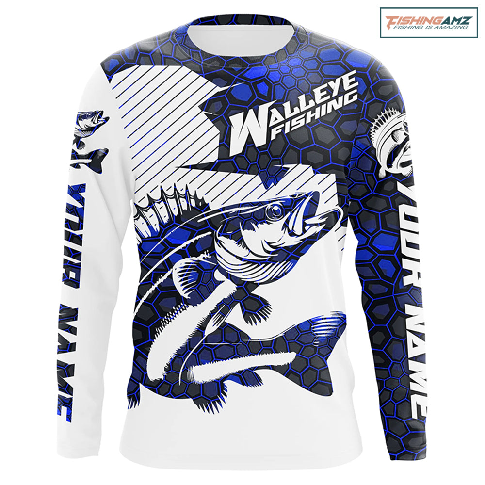 Custom Walleye Fishing Jerseys, Walleye Fishing Long Sleeve Fishing Tournament Shirts | Blue Camo IPHW5731