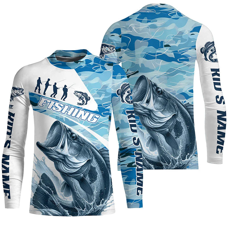 Bass Fishing Custom Kid Long Sleeve Tournament Shirts, Blue Camo Bass Fishing Jerseys For Fisherman IPHW6318