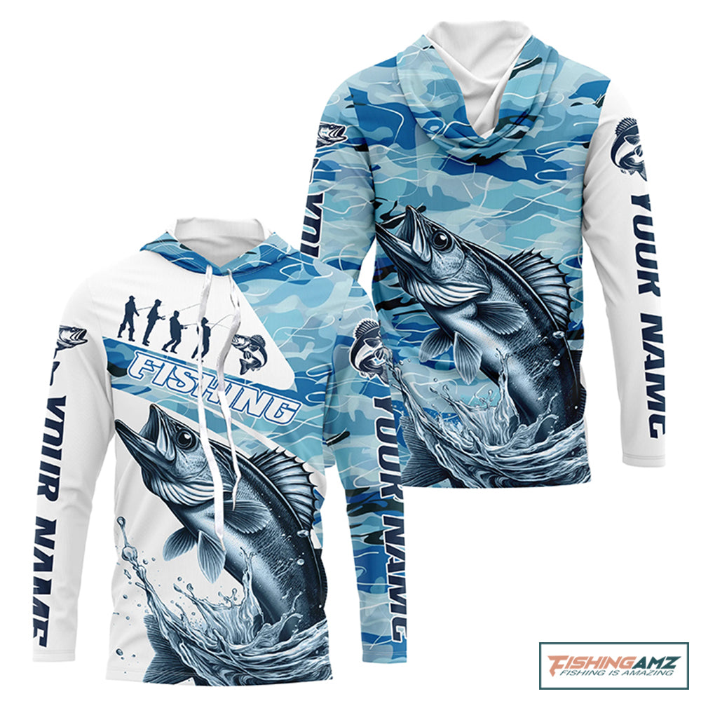 Walleye Fishing Custom Long Sleeve Tournament Shirts, Blue Camo Walleye Fishing Jersey For Fisherman IPHW6319