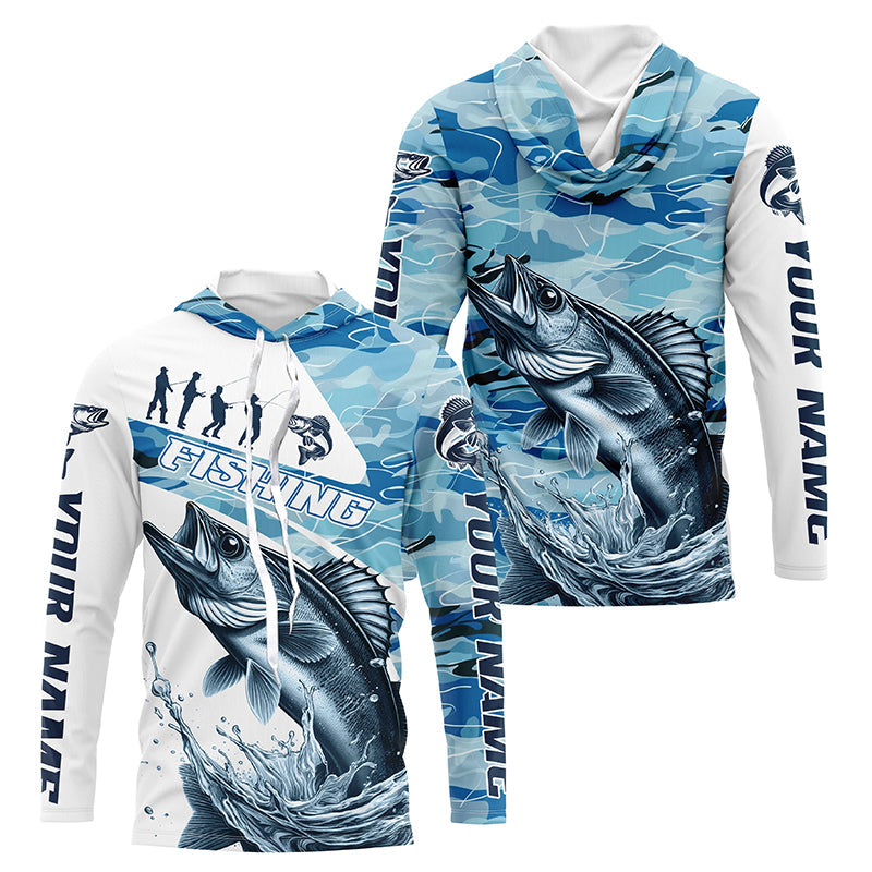 Walleye Fishing Custom Long Sleeve Tournament Shirts, Blue Camo Walleye Fishing Jersey For Fisherman IPHW6319