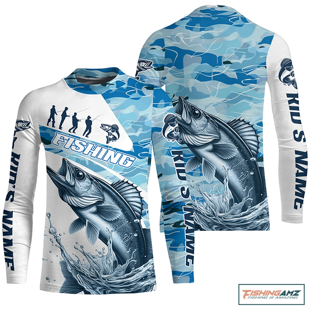 Walleye Fishing Custom Long Sleeve Tournament Shirts, Blue Camo Walleye Fishing Jersey For Fisherman IPHW6319