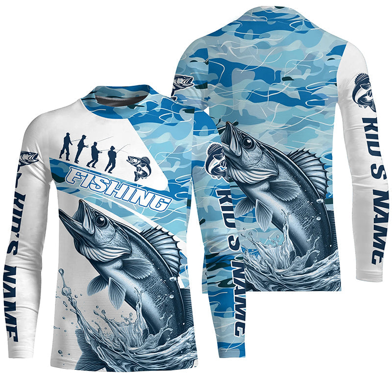 Walleye Fishing Custom Long Sleeve Tournament Shirts, Blue Camo Walleye Fishing Jersey For Fisherman IPHW6319