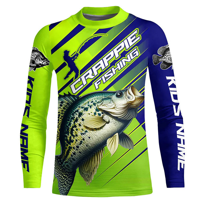 Crappie Fishing Custom Kid Long Sleeve Tournament Shirts, Green And Blue Crappie Fishing Jerseys IPHW6894
