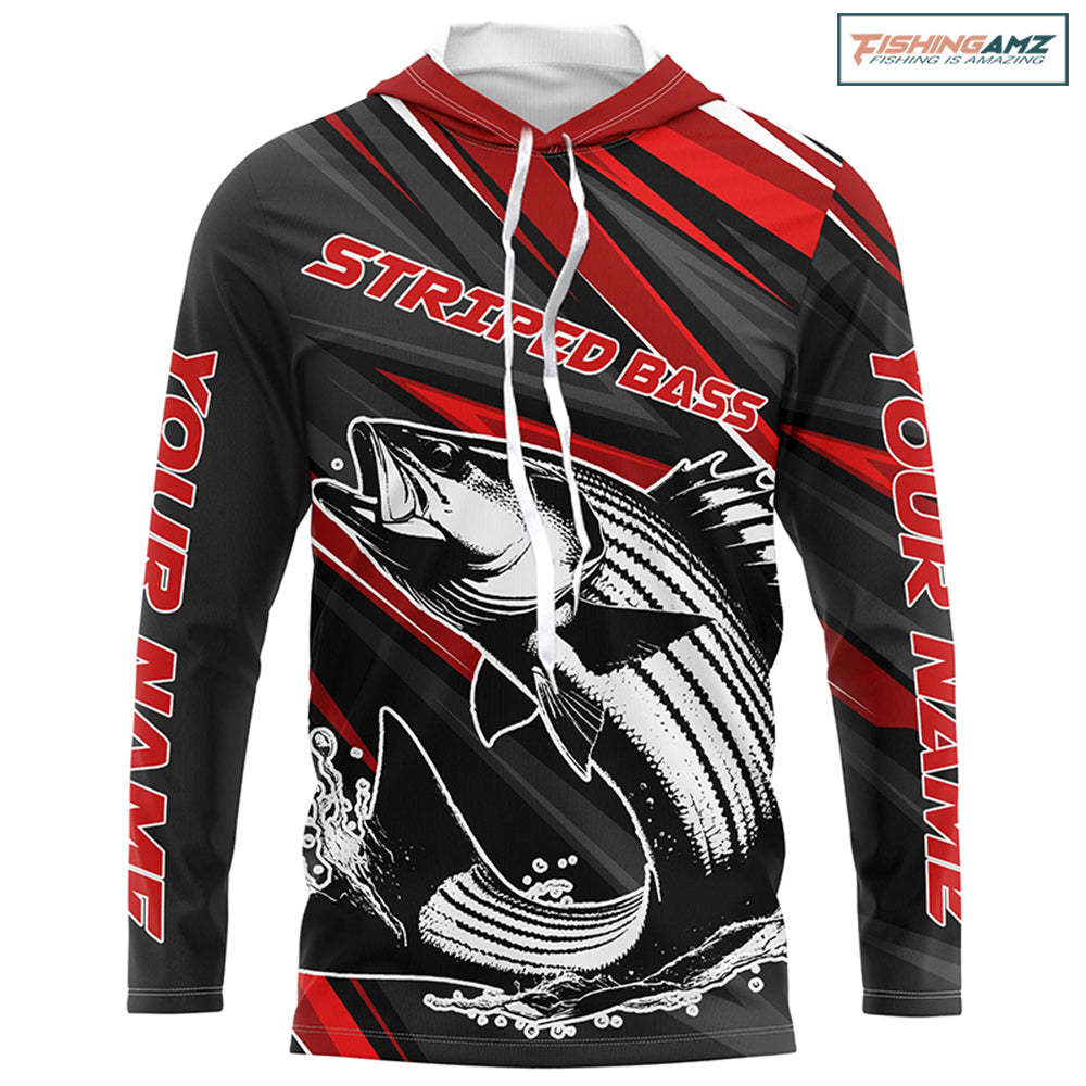 Black And Red Striped Bass Fishing Jerseys, Custom Striper Long Sleeve Performance Fishing Shirts IPHW6897