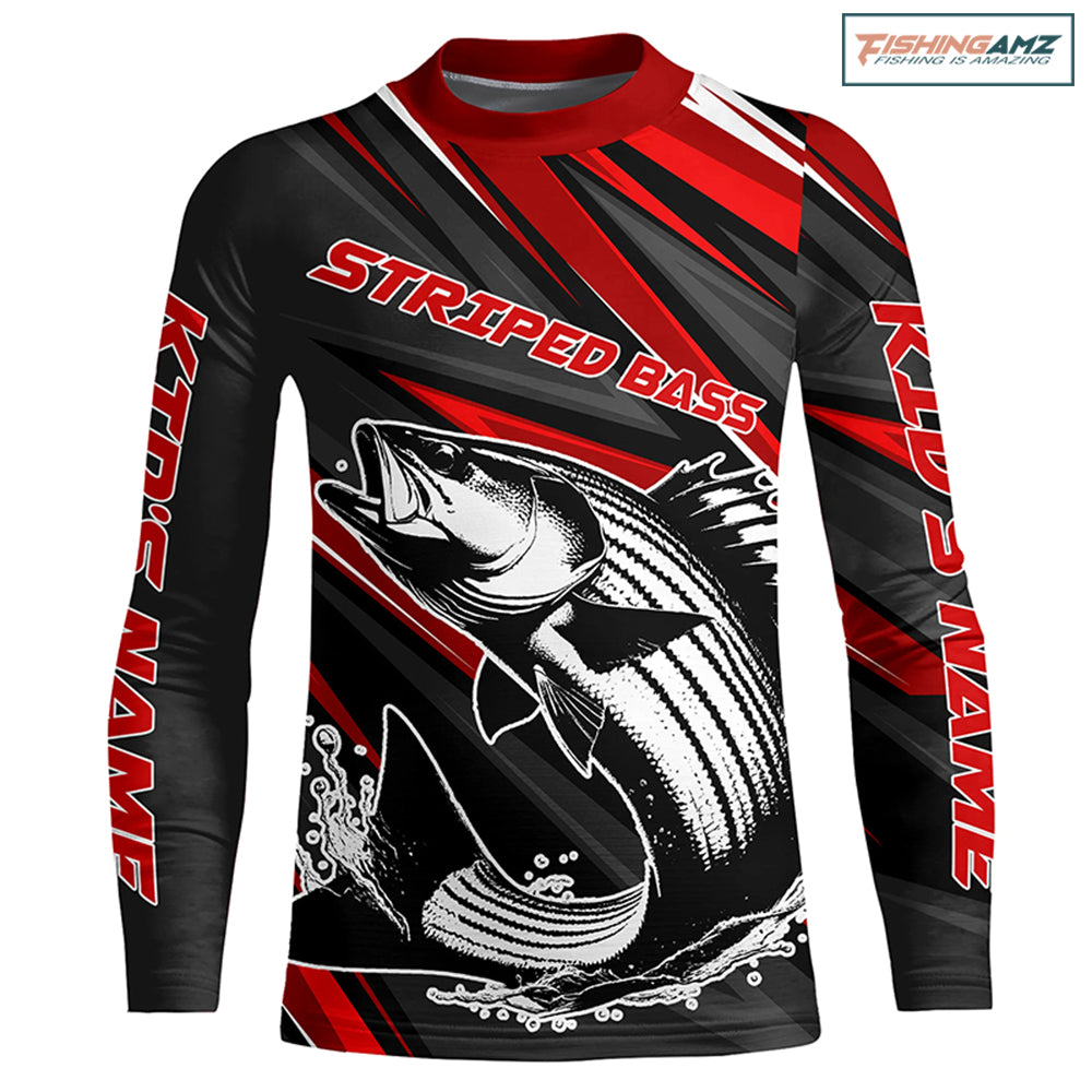 Black And Red Striped Bass Fishing Jerseys, Custom Striper Long Sleeve Performance Fishing Shirts IPHW6897